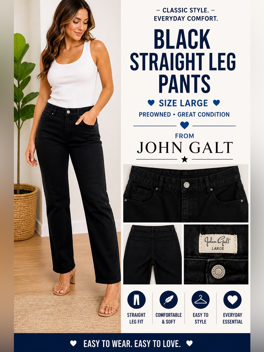 John Galt Black Pants Straight Leg size Large